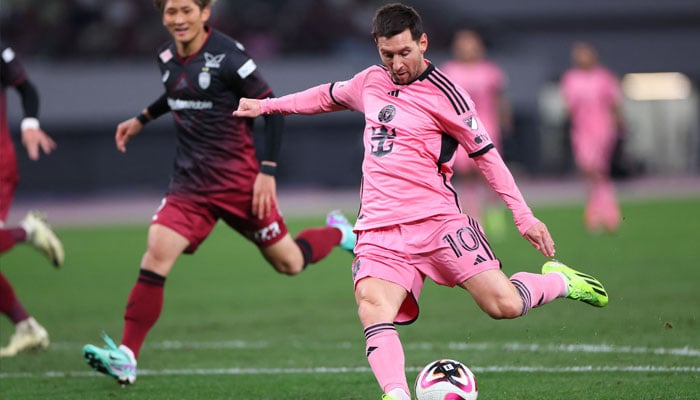 Inter Miami CF forward Lionel Messi (10) shoots against Vissel Kobe during the second half of a preseason friendly at Japan National Stadium. — USA TODAY Sports/file