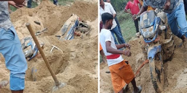 महोत्तरीमा माटोमा गाडिएको मोटरसाइकल फेला